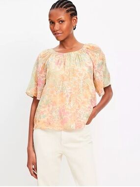 NWT LOFT Shimmer Floral Tie Back Flutter Top Tahini M